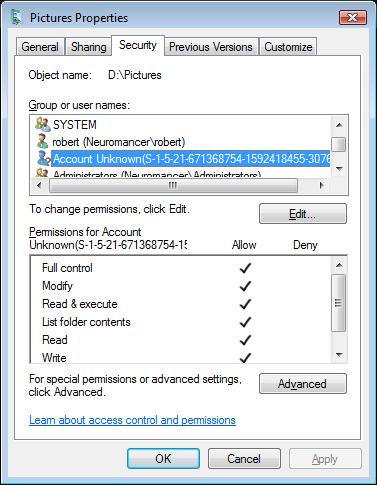 Windows Vista Security file properties: Account Unknown